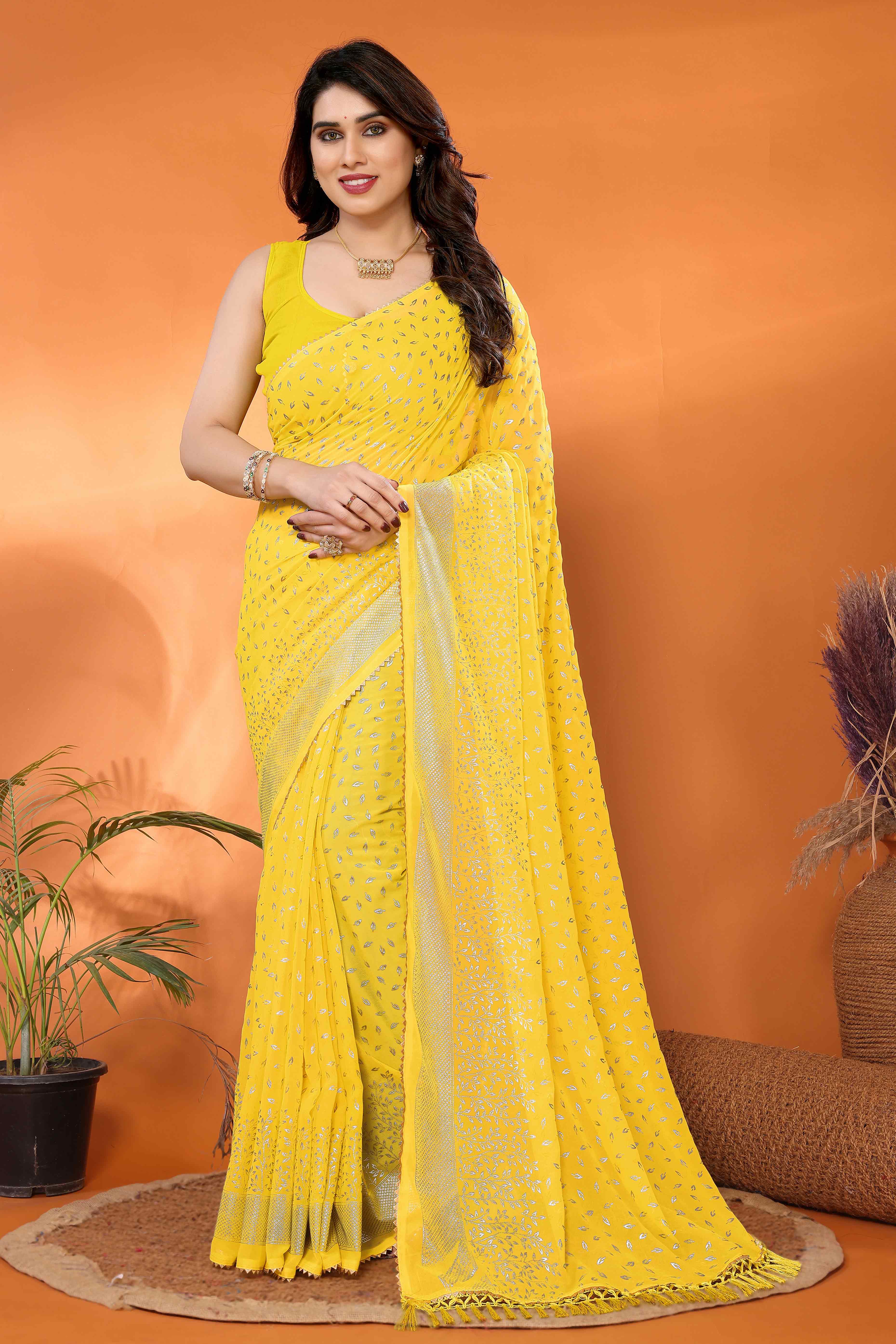 Yellow Foil Printed Georgette Saree