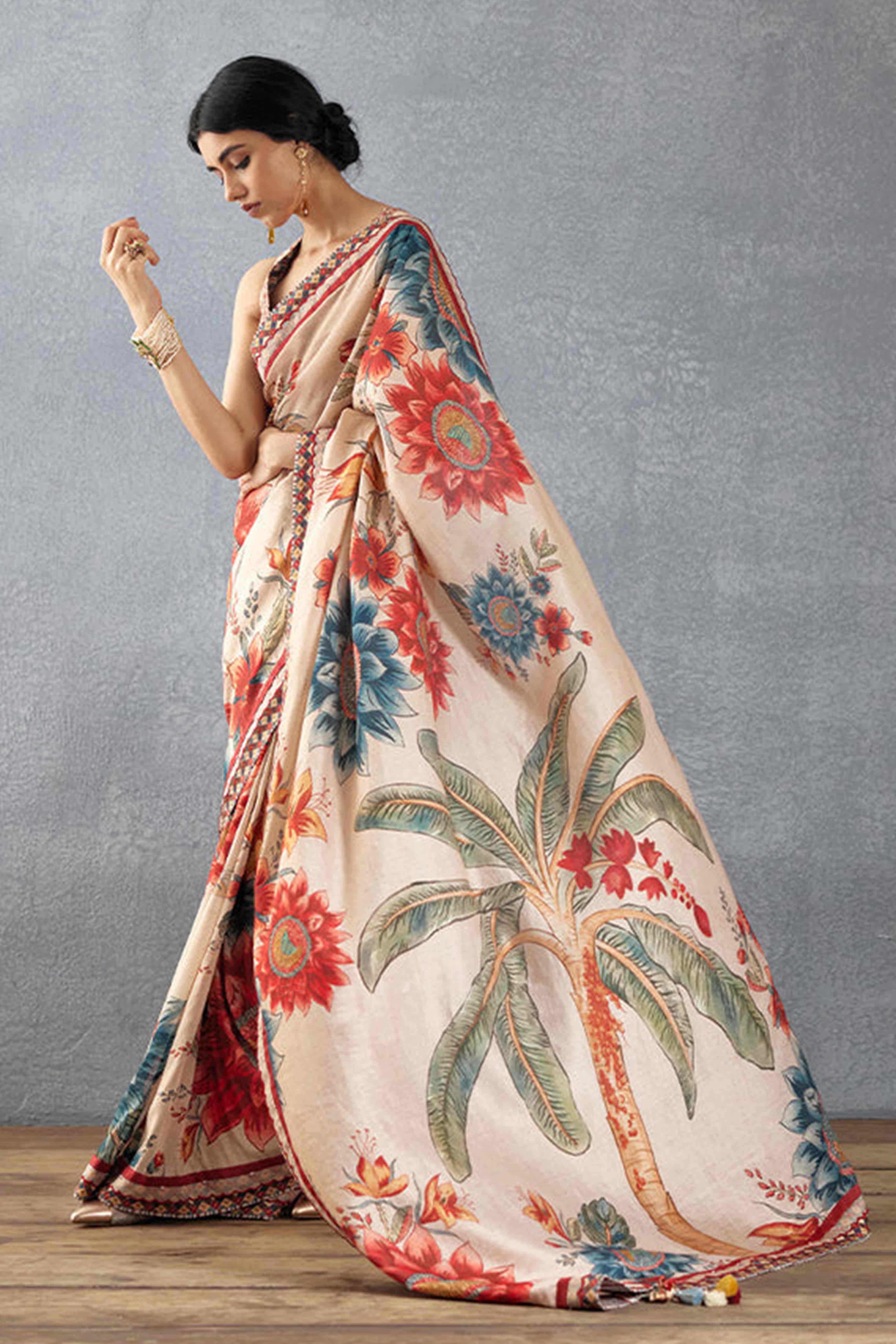 Beige Floral Printed Moss Chiffon Saree With Tassels