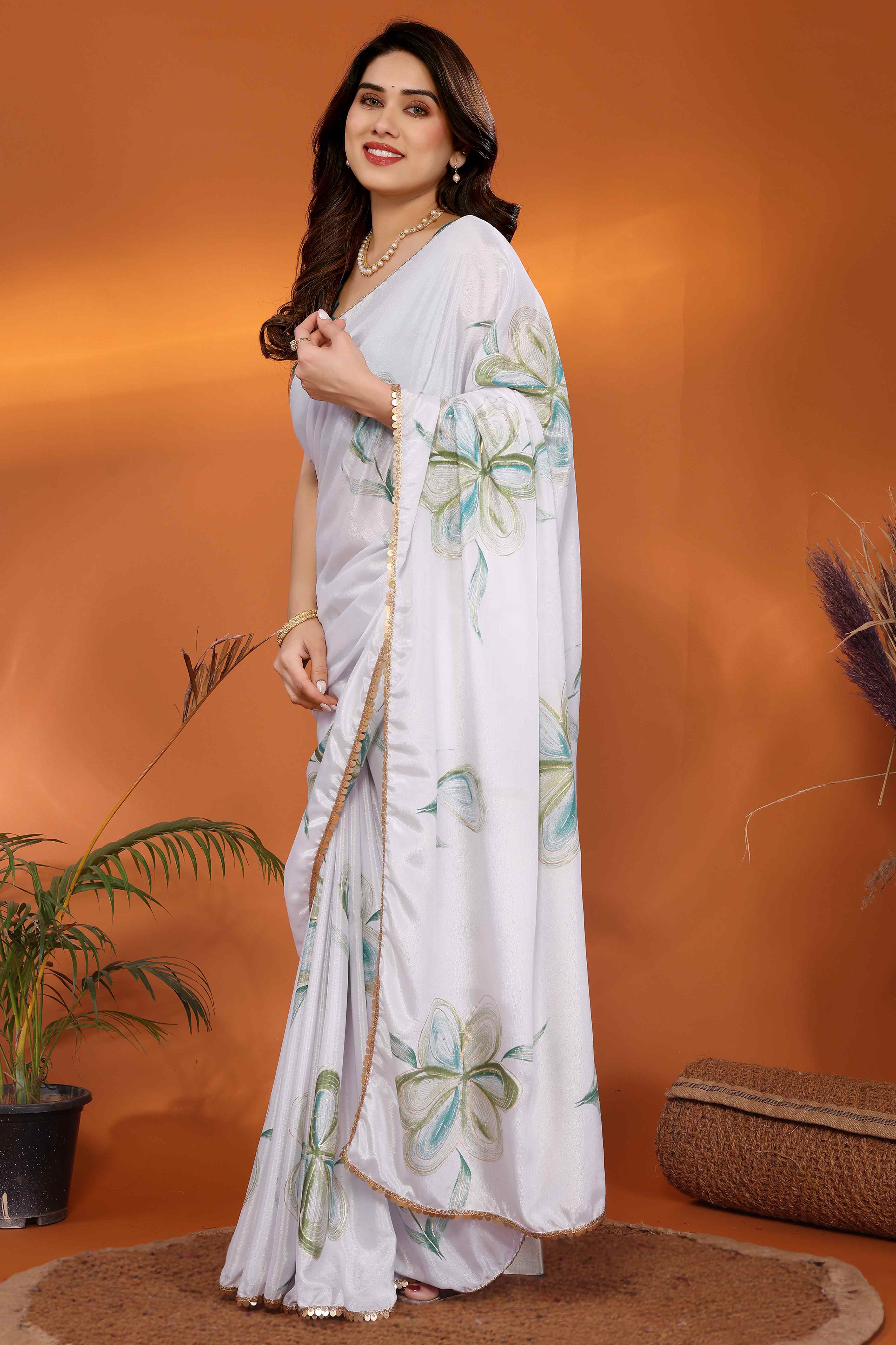 White & Green Floral Printed Chiffon Saree