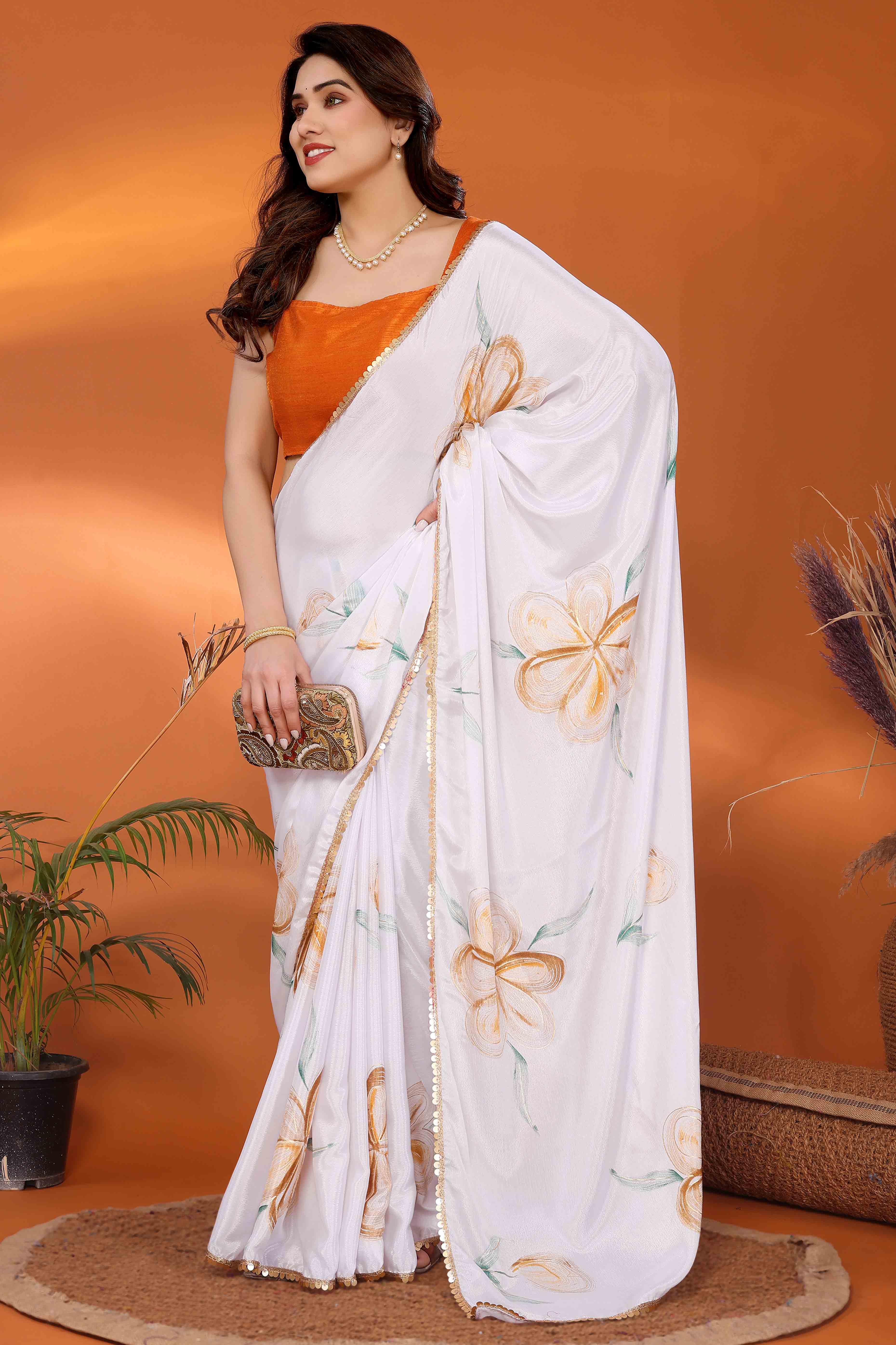 White & Orange Floral Printed Chiffon Saree