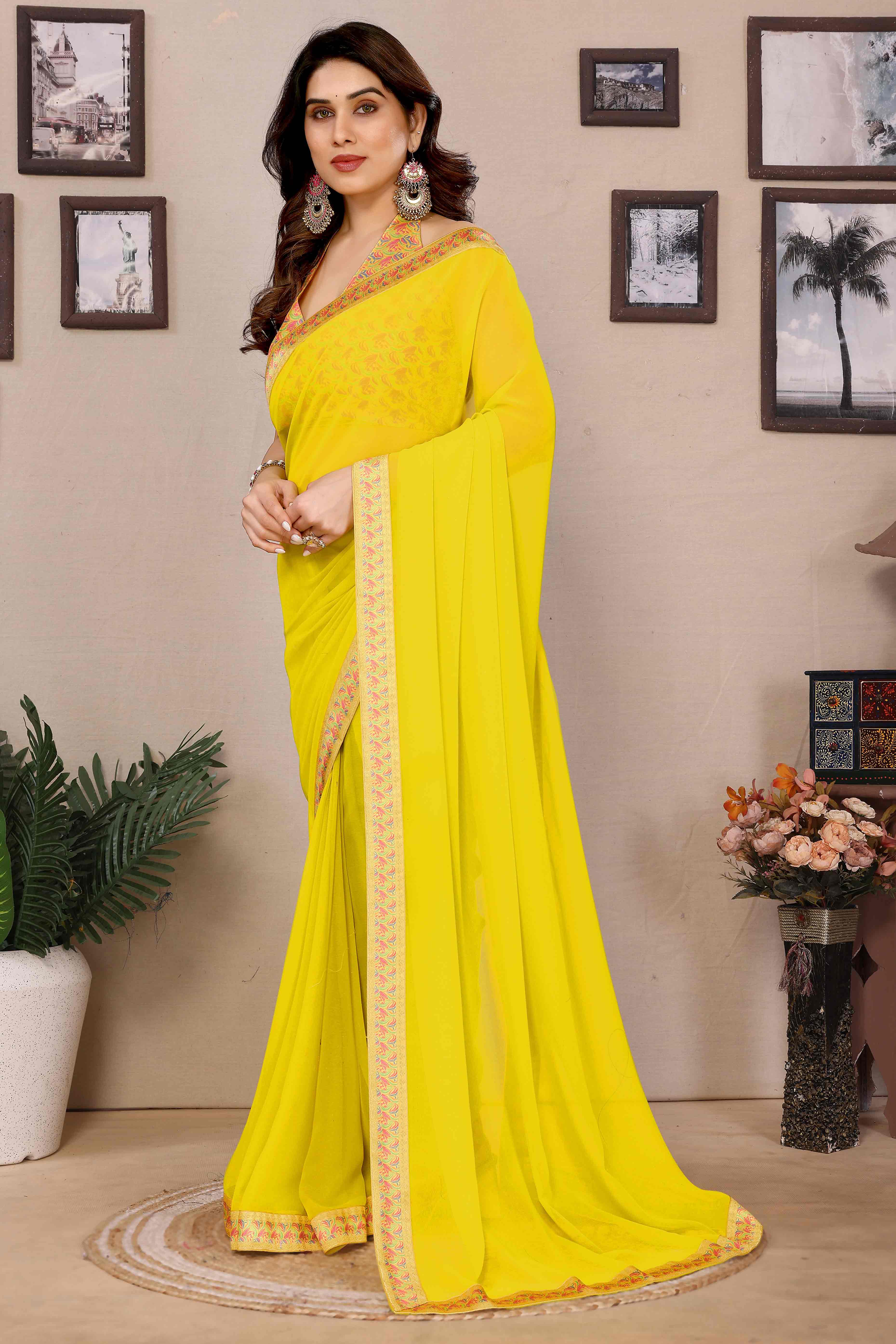 Lemon Yellow Solid Georgette Saree With Printed Border