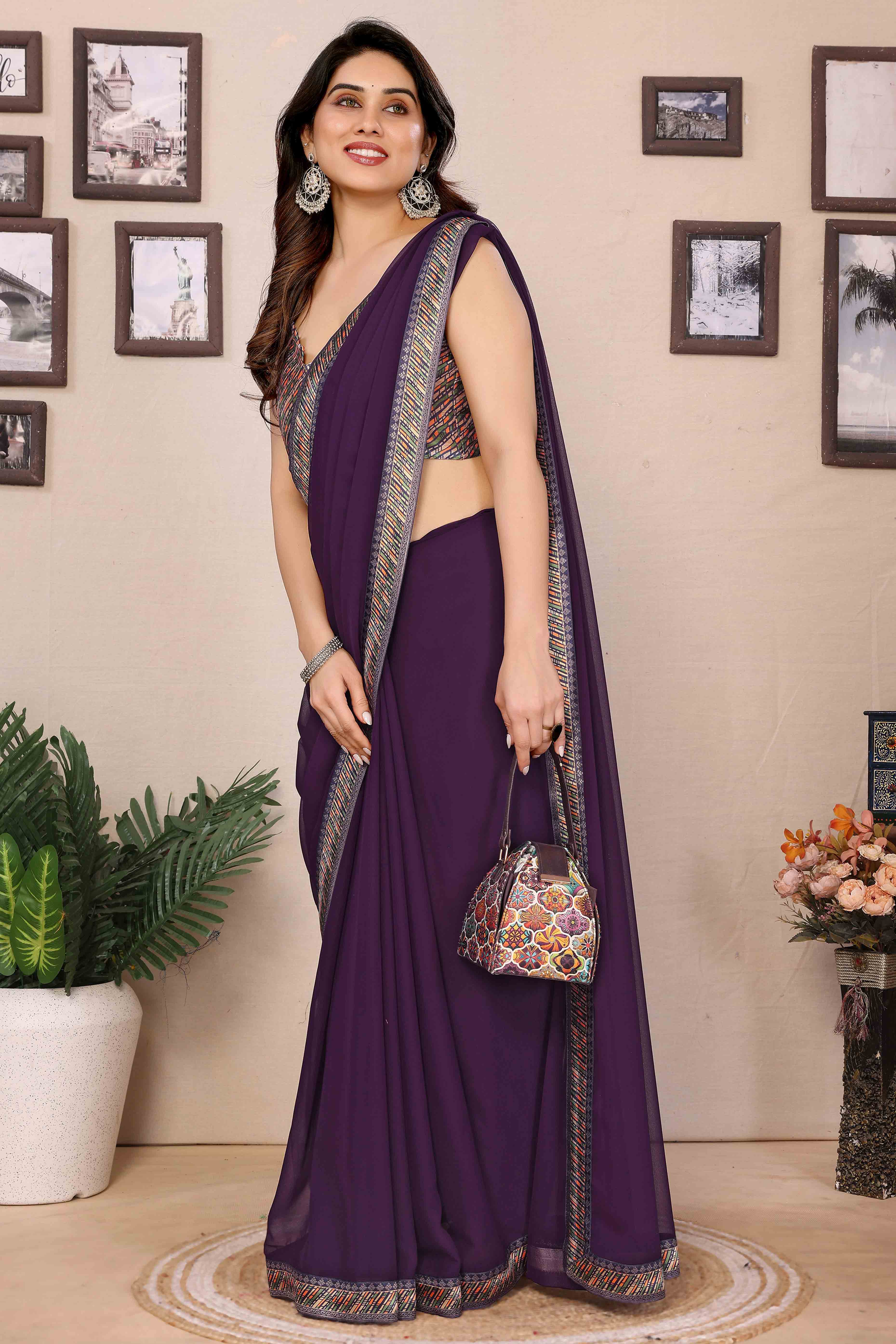 Wine Solid Georgette Saree With Printed Border