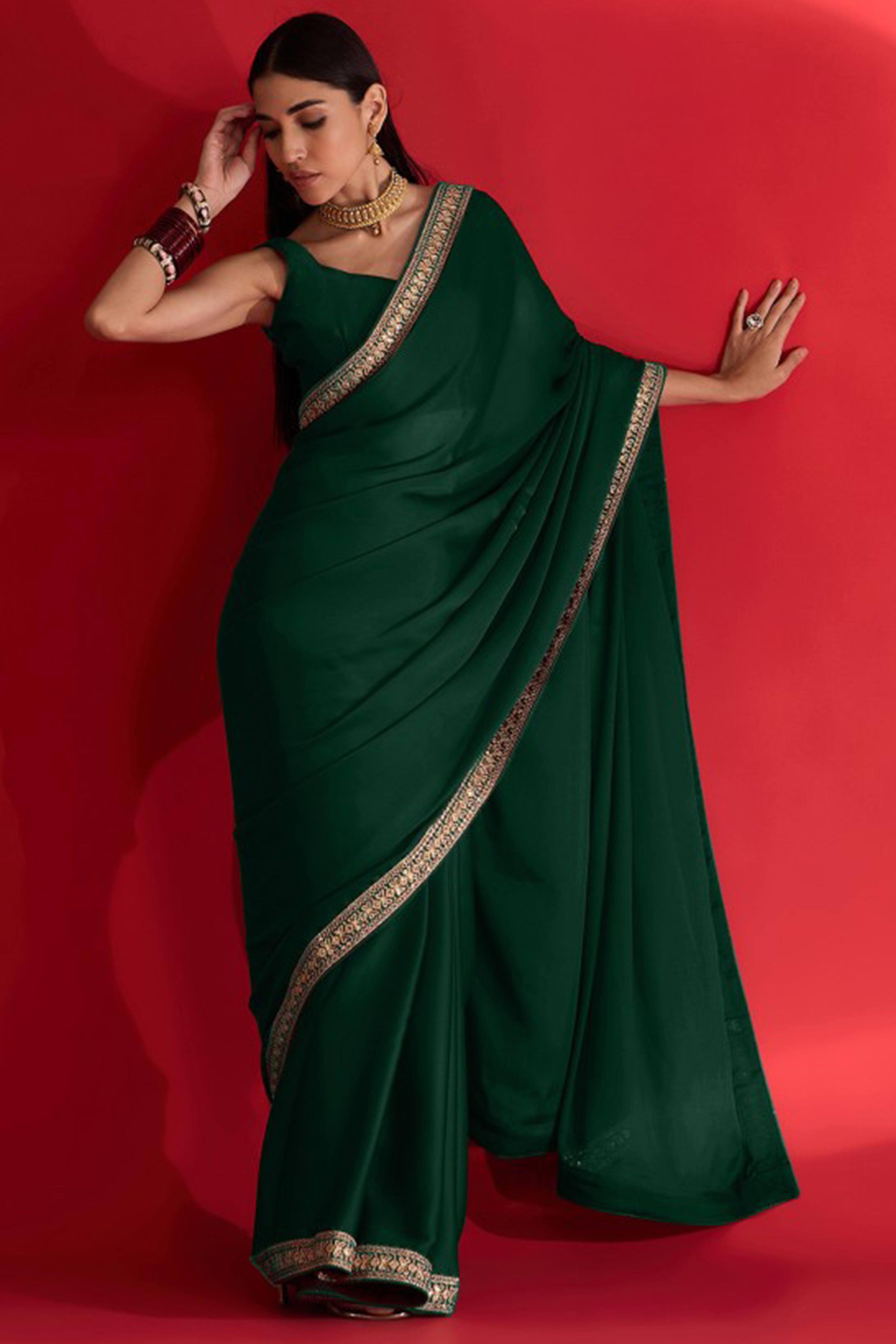 Green Solid With Embellished Bordered Georgette Sarees