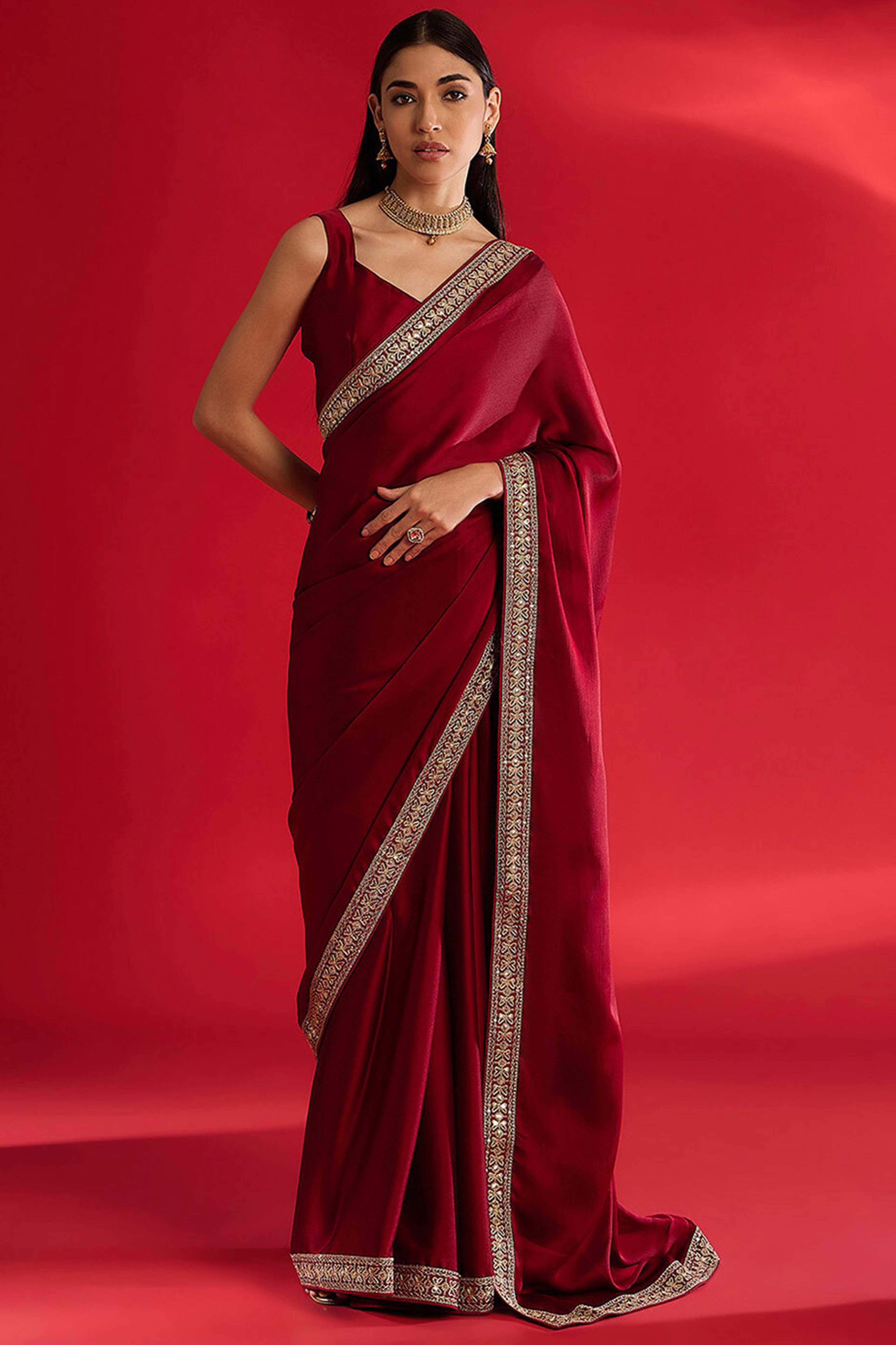 Maroon Solid With Embellished Bordered Chiffon Sarees