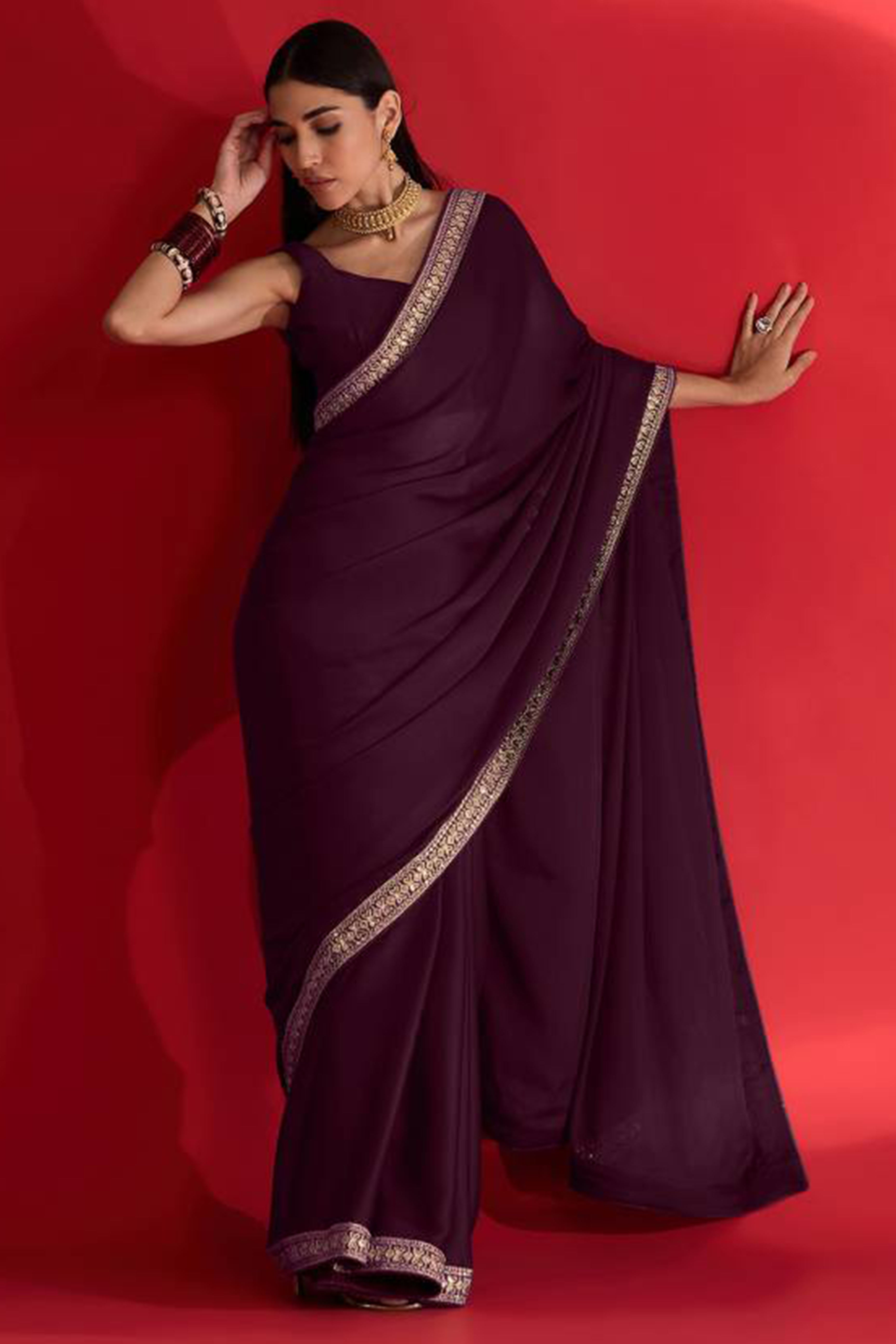 Wine Solid With Embellished Bordered Georgette Sarees
