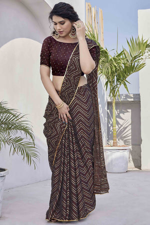 Dark Wine Chiffon Saree With Zig-Zag Foil Print & Golden Lace Border