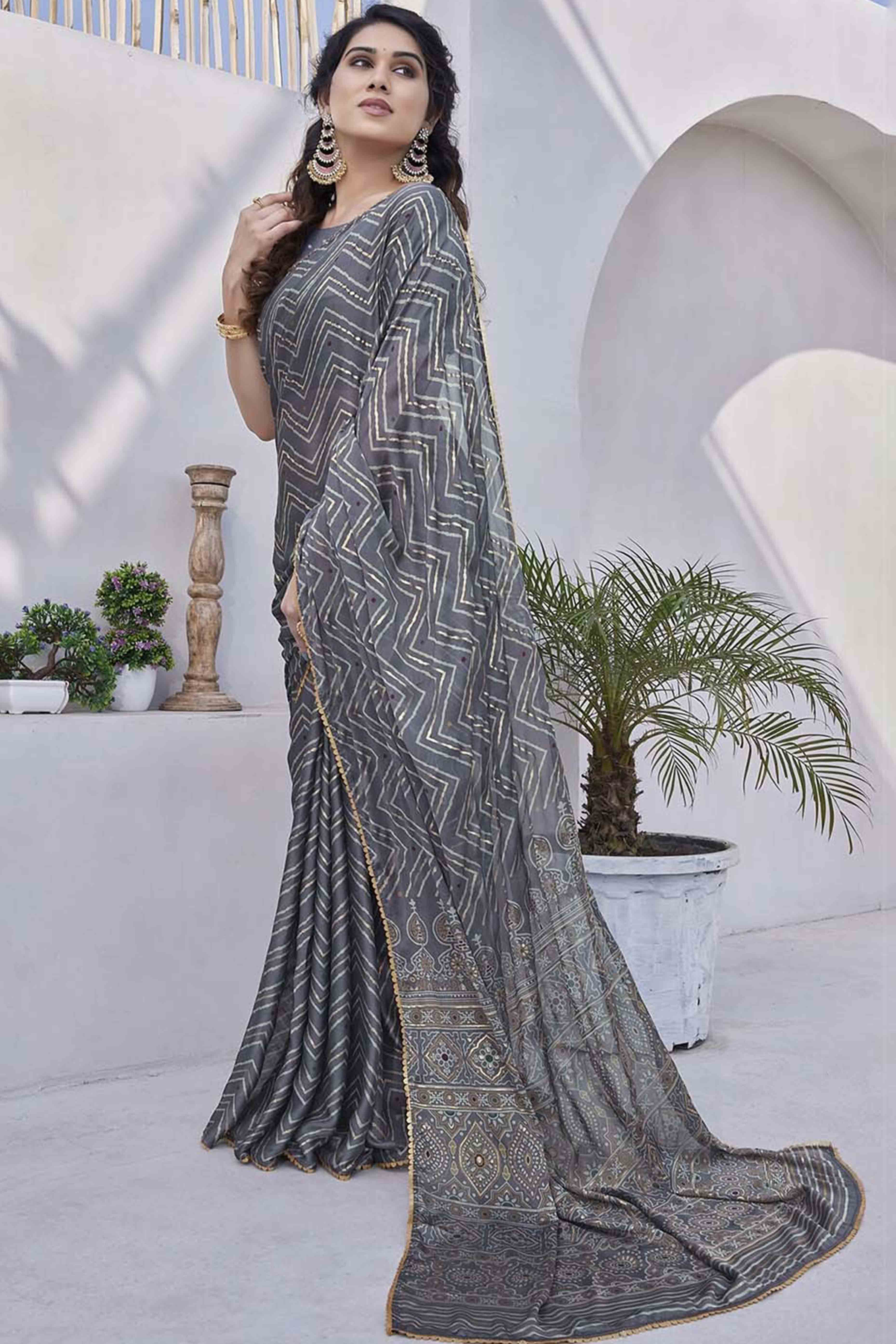 Grey Chiffon Saree With Zig-Zag Foil Print & Golden Lace Border