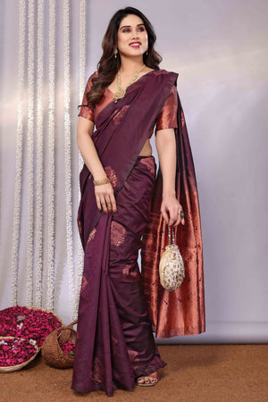 Burgundy Banarasi Silk Saree Adorned With Floral Zari Weaving