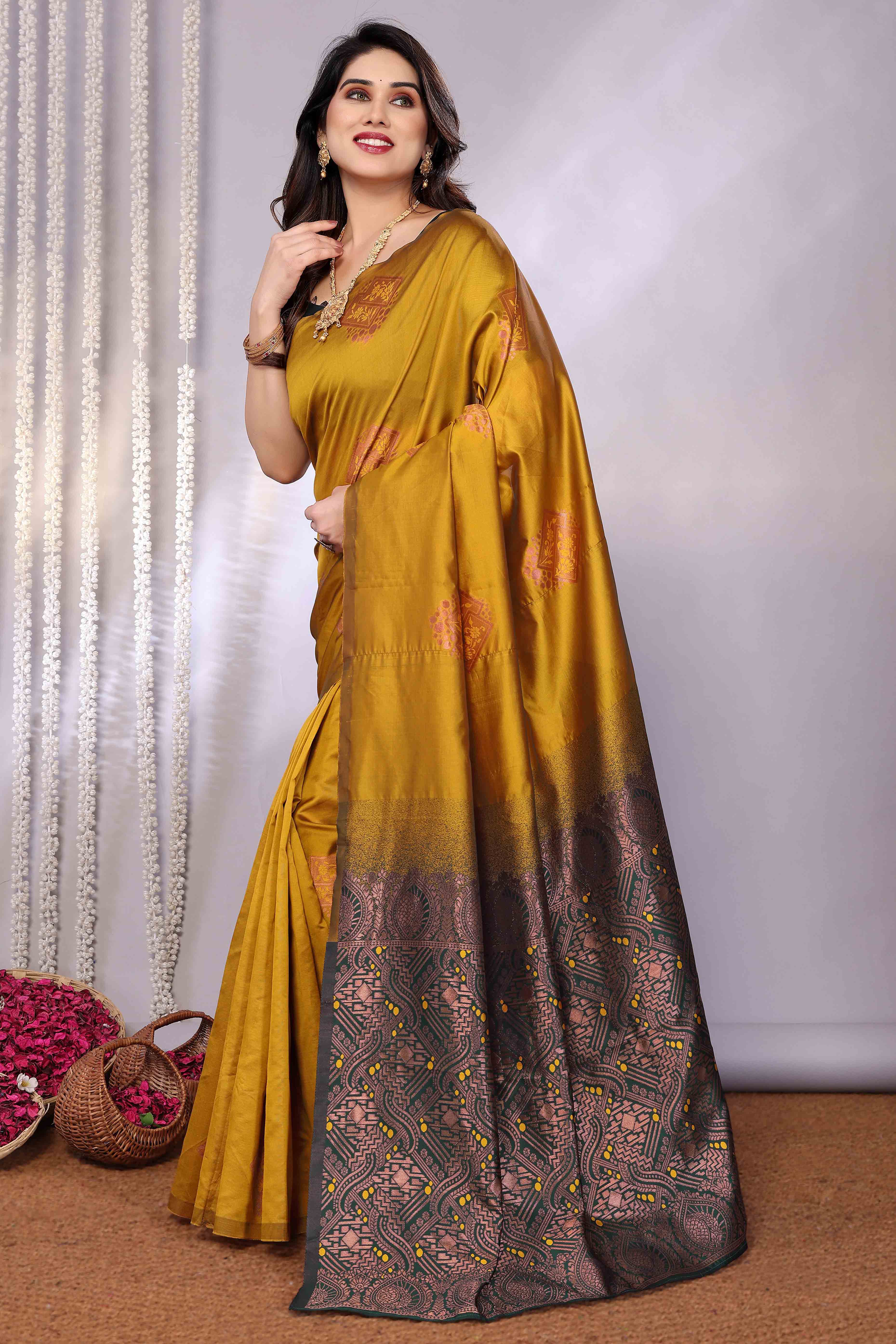 Mustard Banarasi Silk Saree Adorned With Floral Zari Weaving
