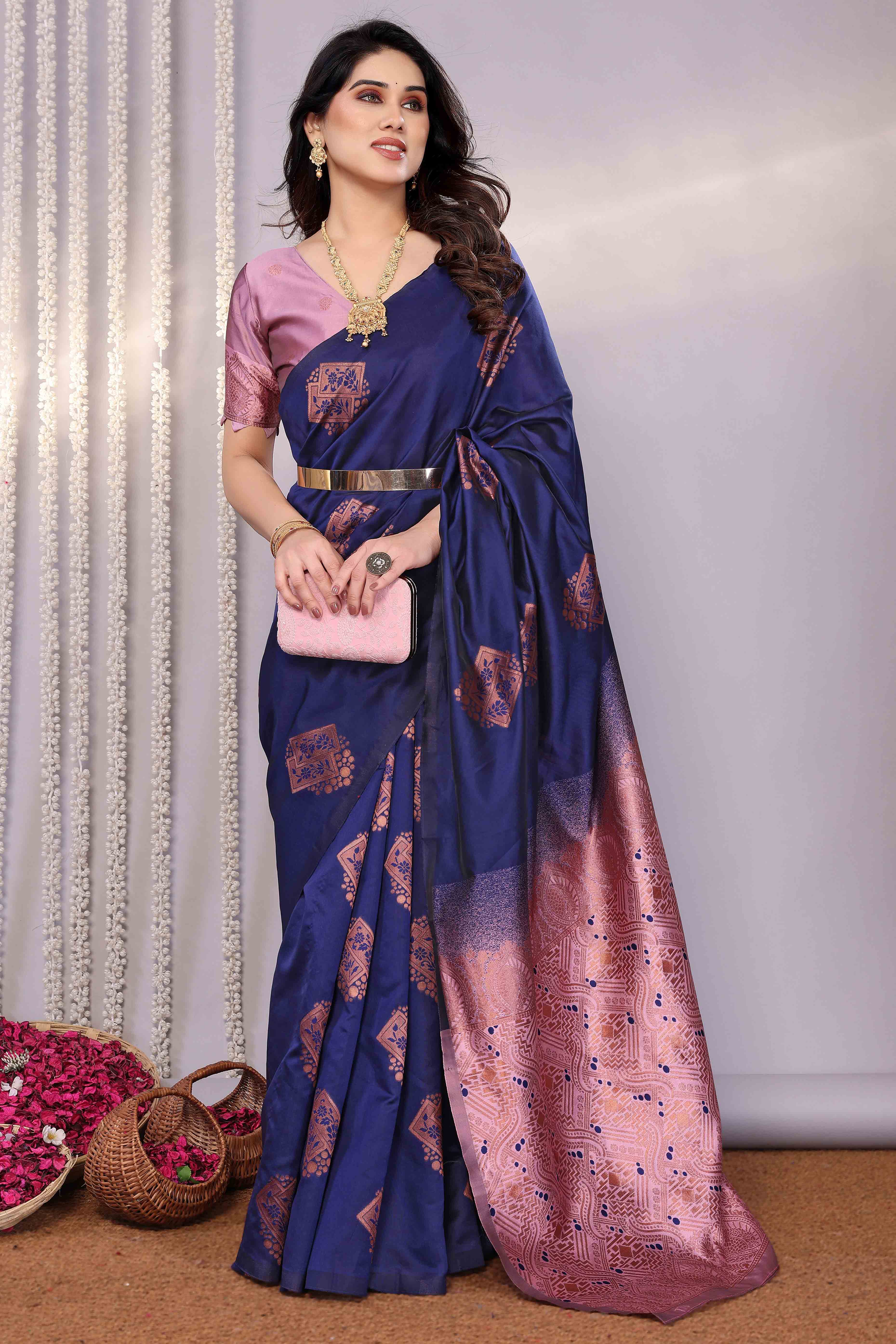 Navy Blue Banarasi Silk Saree Adorned With Floral Zari Weaving