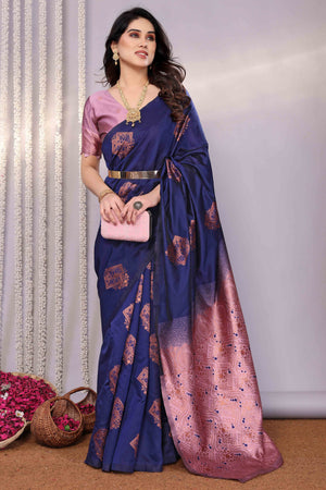 Navy Blue Banarasi Silk Saree Adorned With Floral Zari Weaving