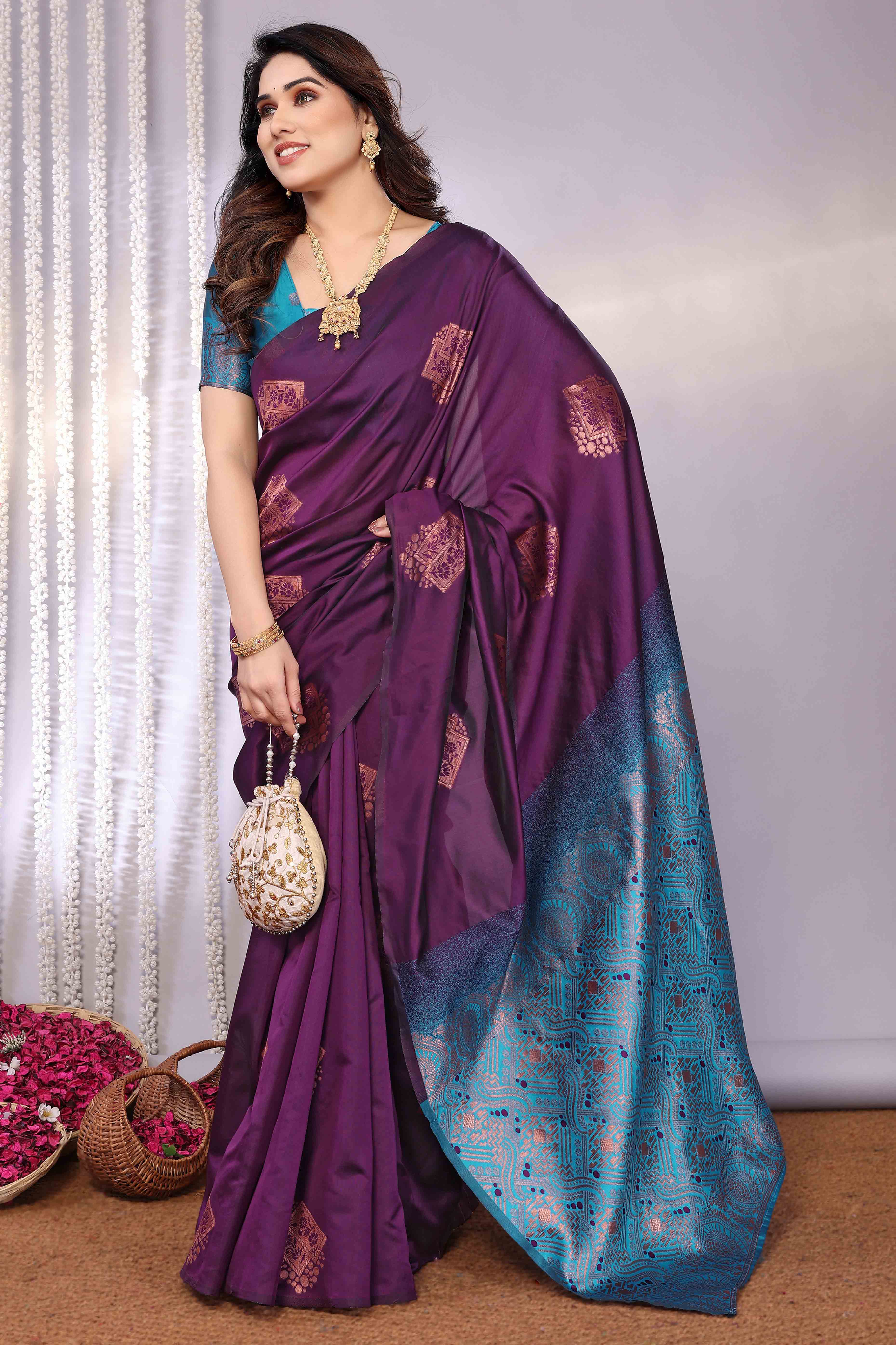 Purple Banarasi Silk Saree Adorned With Floral Zari Weaving