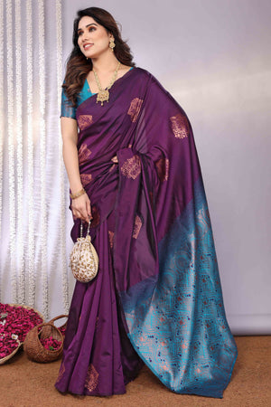 Purple Banarasi Silk Saree Adorned With Floral Zari Weaving