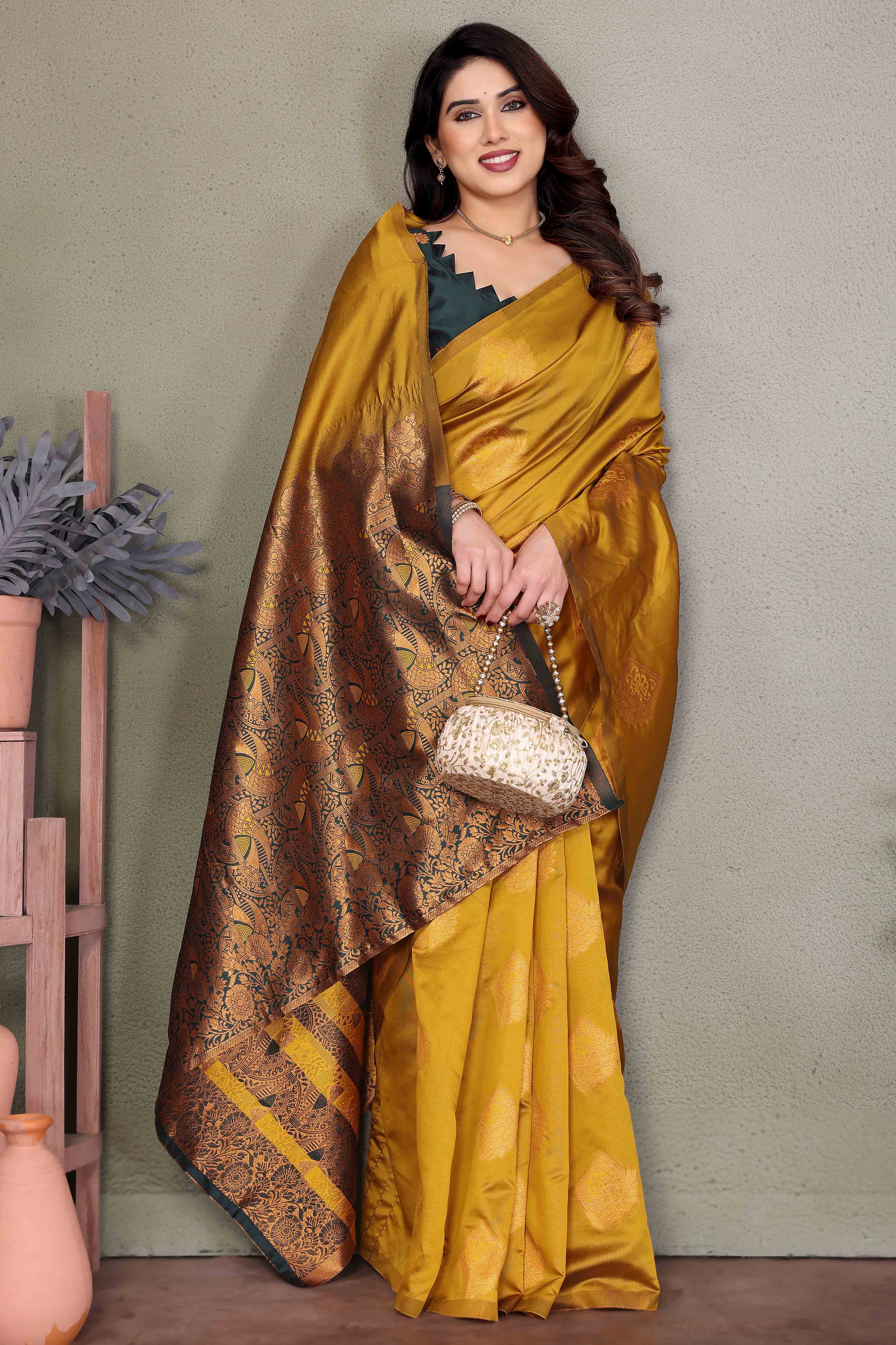 Mustard Banarasi Silk Saree With Exquisite Floral Zari Weaving