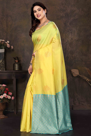 Lemon Yellow Banarasi Silk Saree With Intricate Zari Weaving