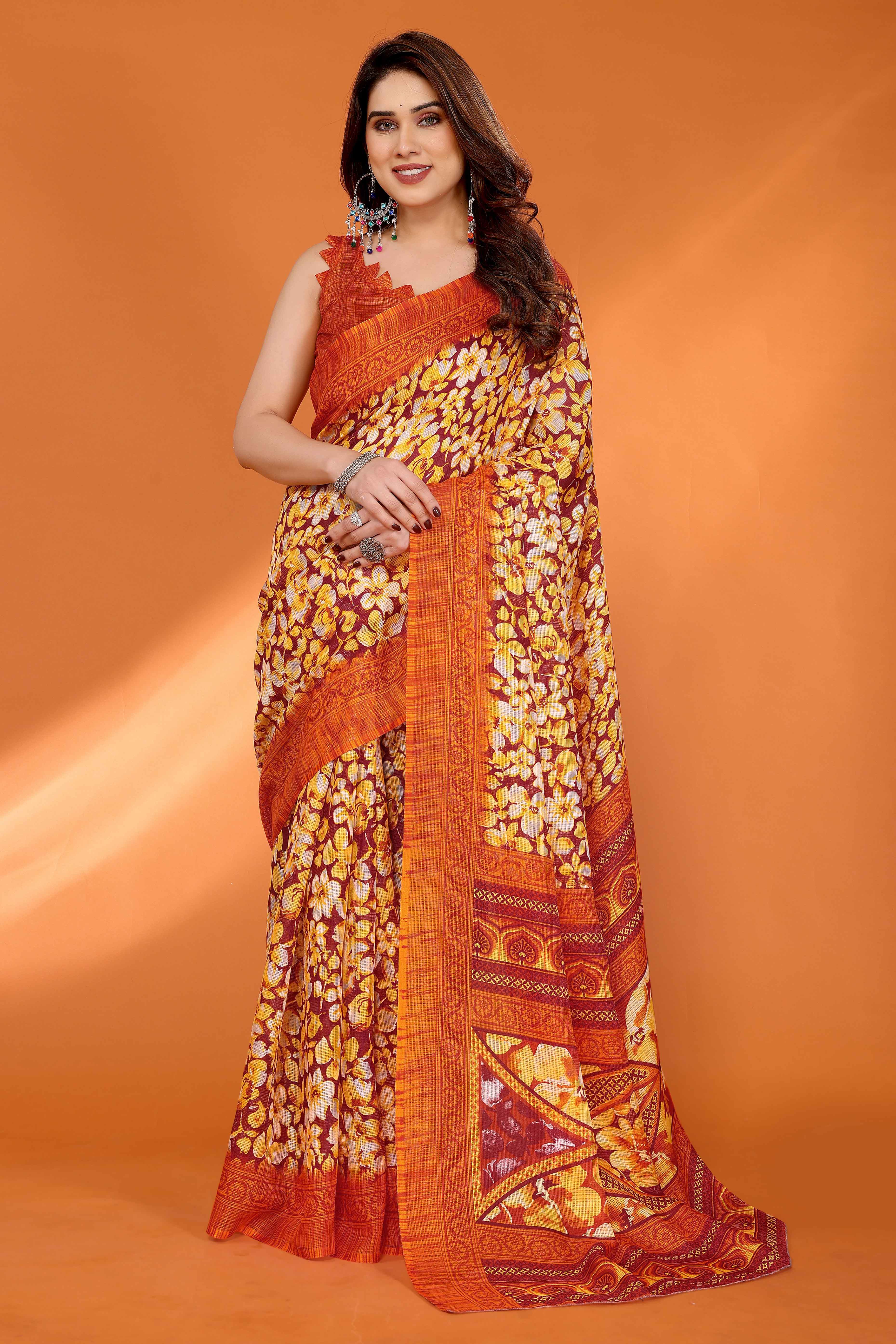 Orange Kota Doria Saree with Graceful Floral Print Work