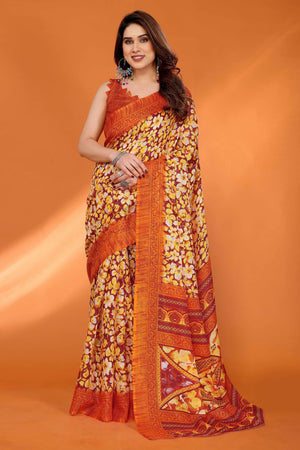Orange Kota Doria Saree with Graceful Floral Print Work