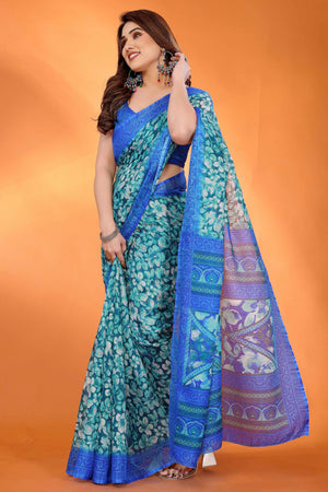 Royal Blue Kota Doria Saree with Graceful Floral Print Work