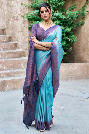 Blue Banarasi Silk Saree Featuring Elegant Floral Woven & Delicate Tassel Edging