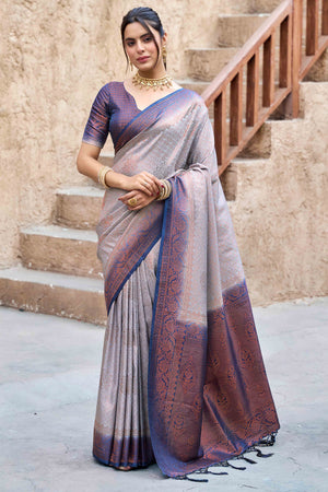 Grey Banarasi Silk Saree Featuring Elegant Floral Woven & Delicate Tassel Edging