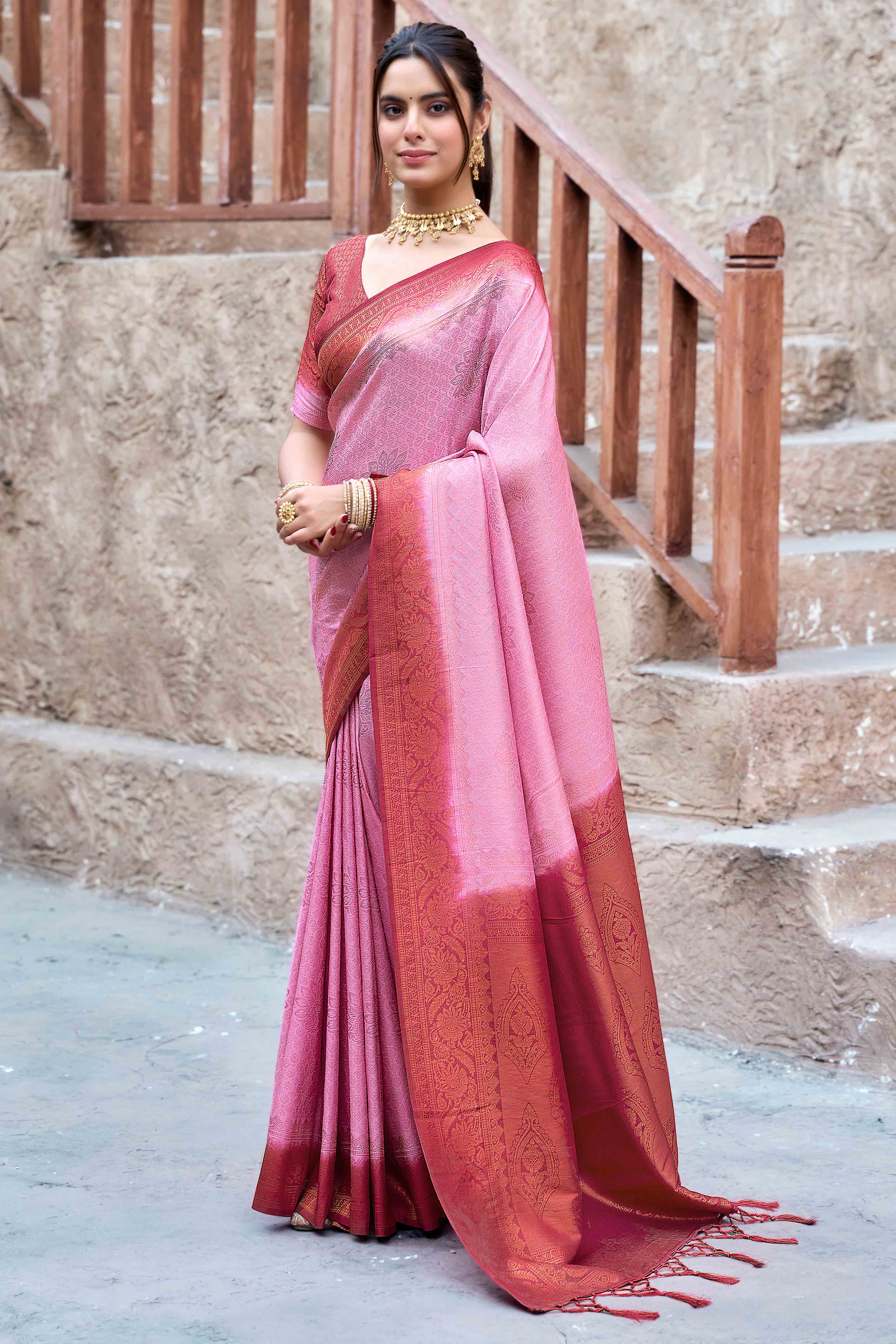 Light Pink Banarasi Silk Saree Featuring Elegant Floral Woven & Delicate Tassel Edging