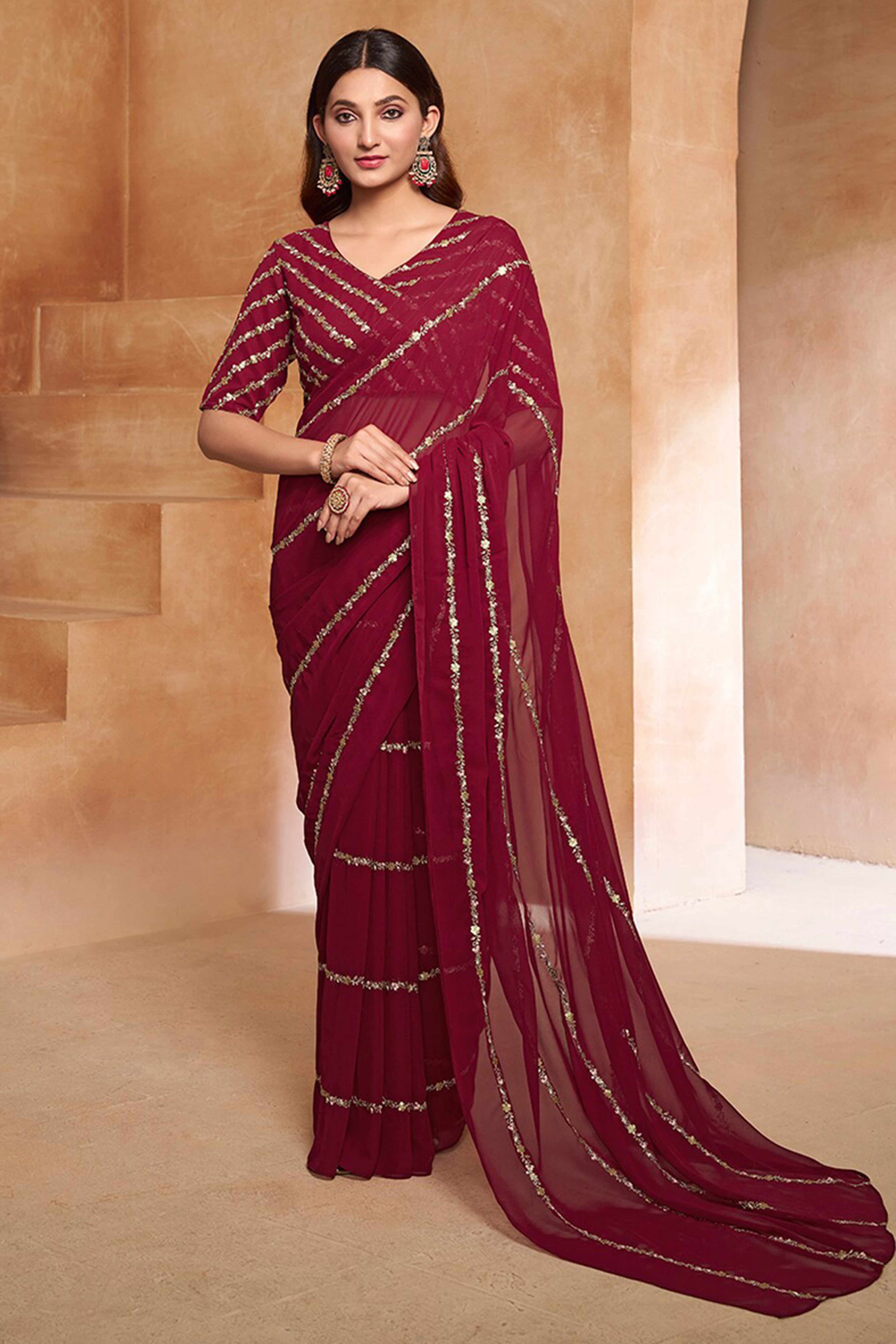 Radiant Maroon  Floral Georgette Saree Embellished With Fine Sequins Embroidery