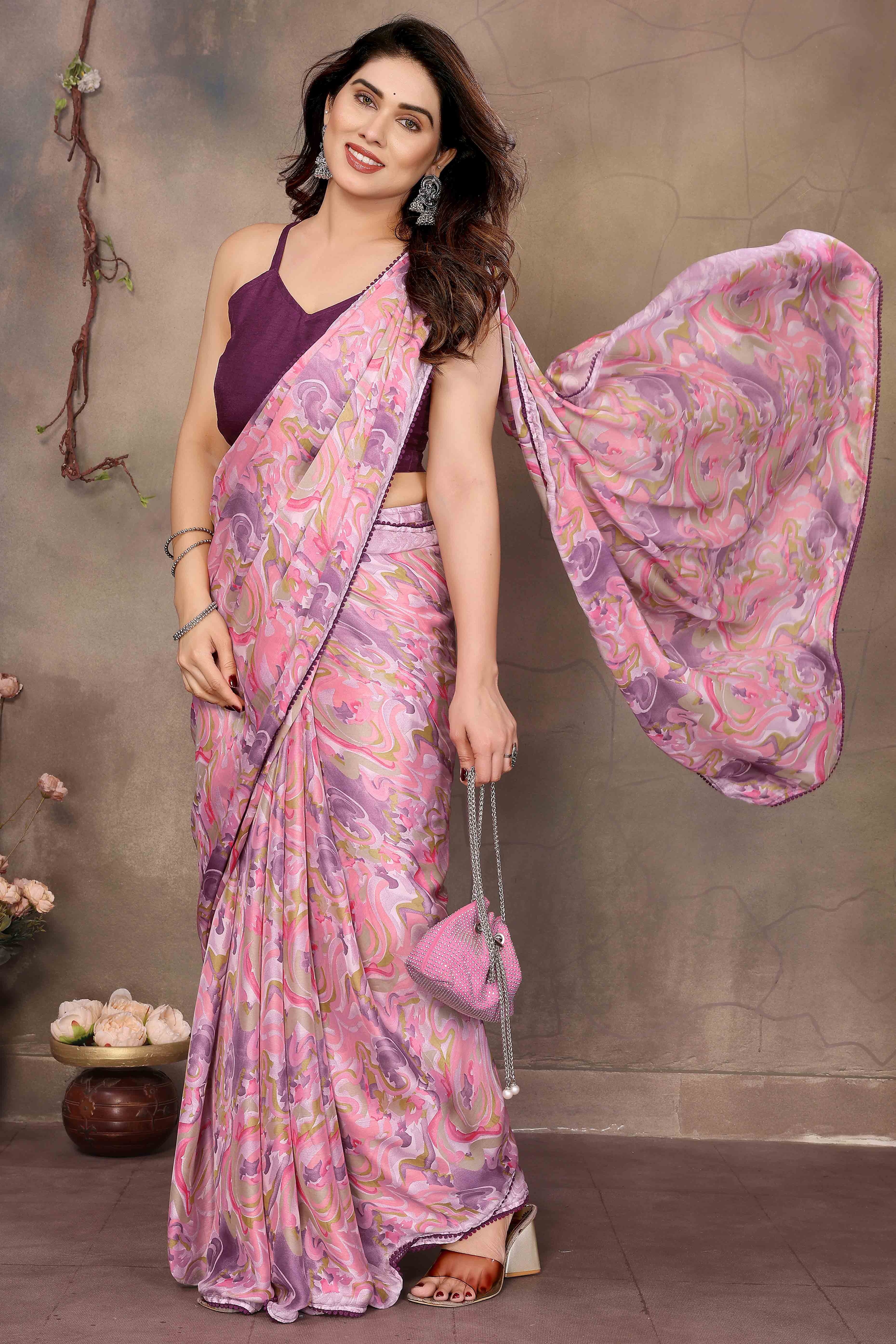 Pink Chiffon Ready To Wear Saree with Delicate Floral Embroidery for Elegant Occasions