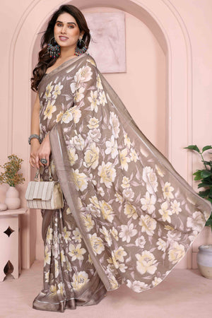 Brown Crepe Saree Accentuated With Satin Patta & Floral Print Detailing