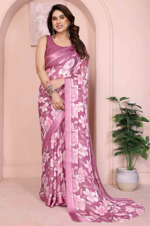 Pink Crepe Saree Accentuated With Satin Patta & Floral Print Detailing
