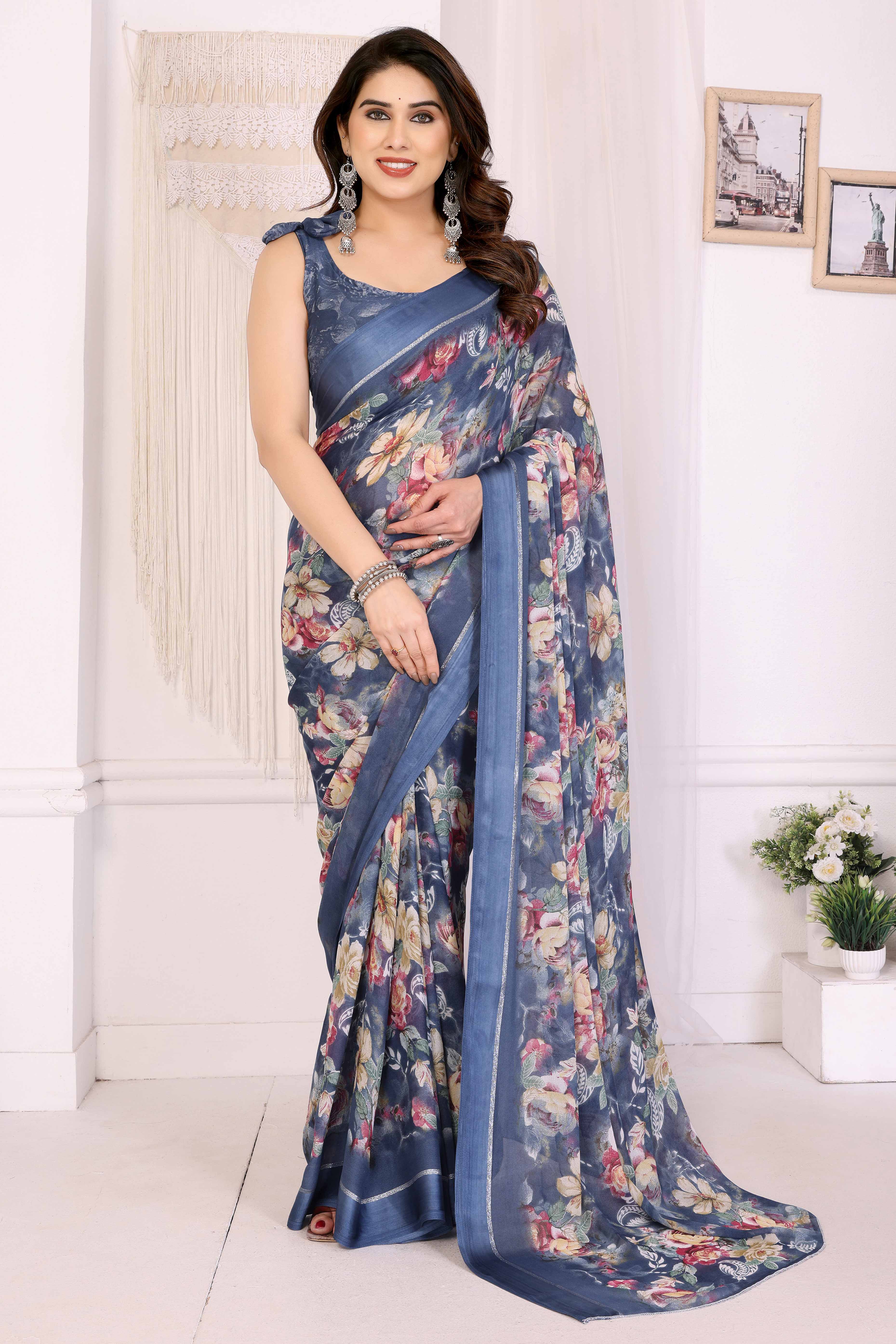 Bluish Grey Floral Printed Crepe Saree Enhanced With A Lustrous Satin Patta Border