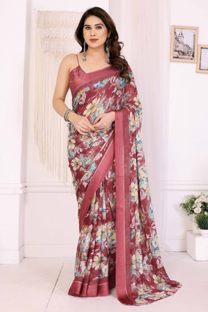 Maroon Floral Printed Crepe Saree Enhanced With A Lustrous Satin Patta Border