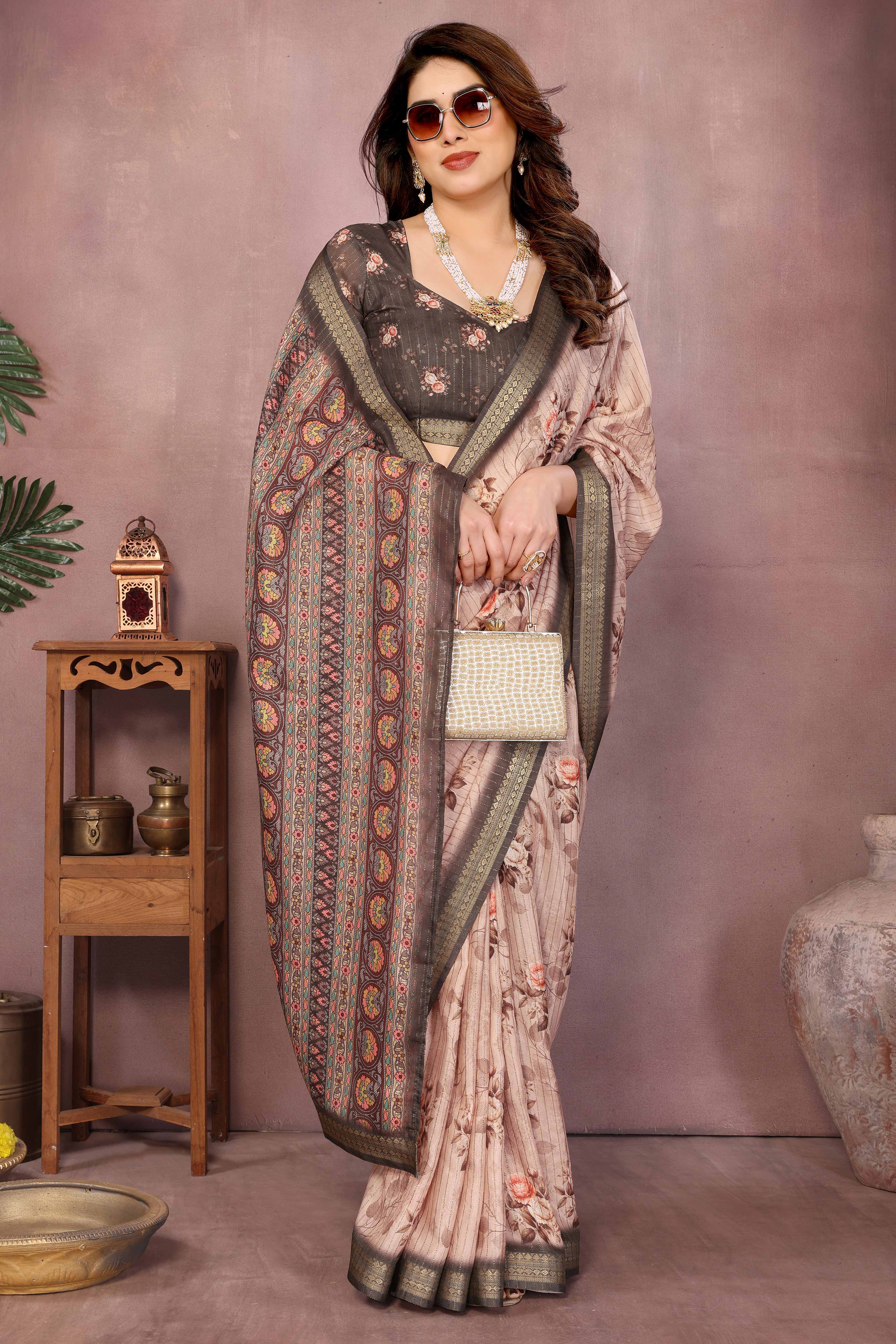 Beige Zari Woven Saree with Floral Motifs in Cotton Blend Fabric