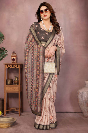 Beige Zari Woven Saree with Floral Motifs in Cotton Blend Fabric
