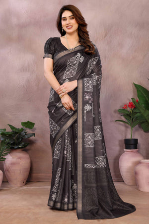 Charcoal Grey Zari Woven Saree with Floral Motifs in Cotton Blend Fabric