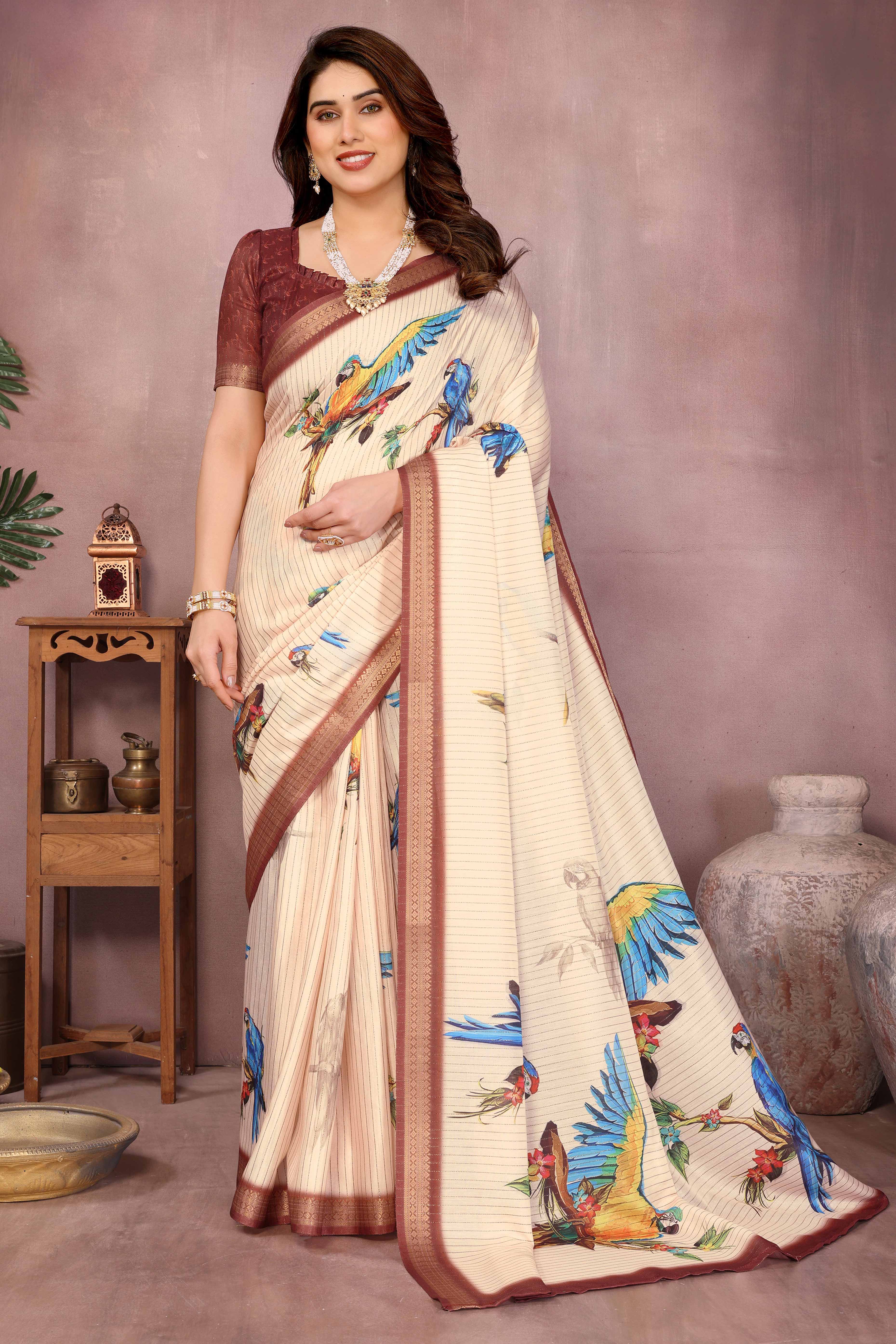 Cream Zari Woven Saree with Floral Motifs in Cotton Blend Fabric