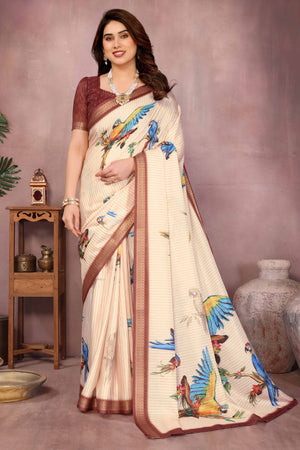 Cream Zari Woven Saree with Floral Motifs in Cotton Blend Fabric