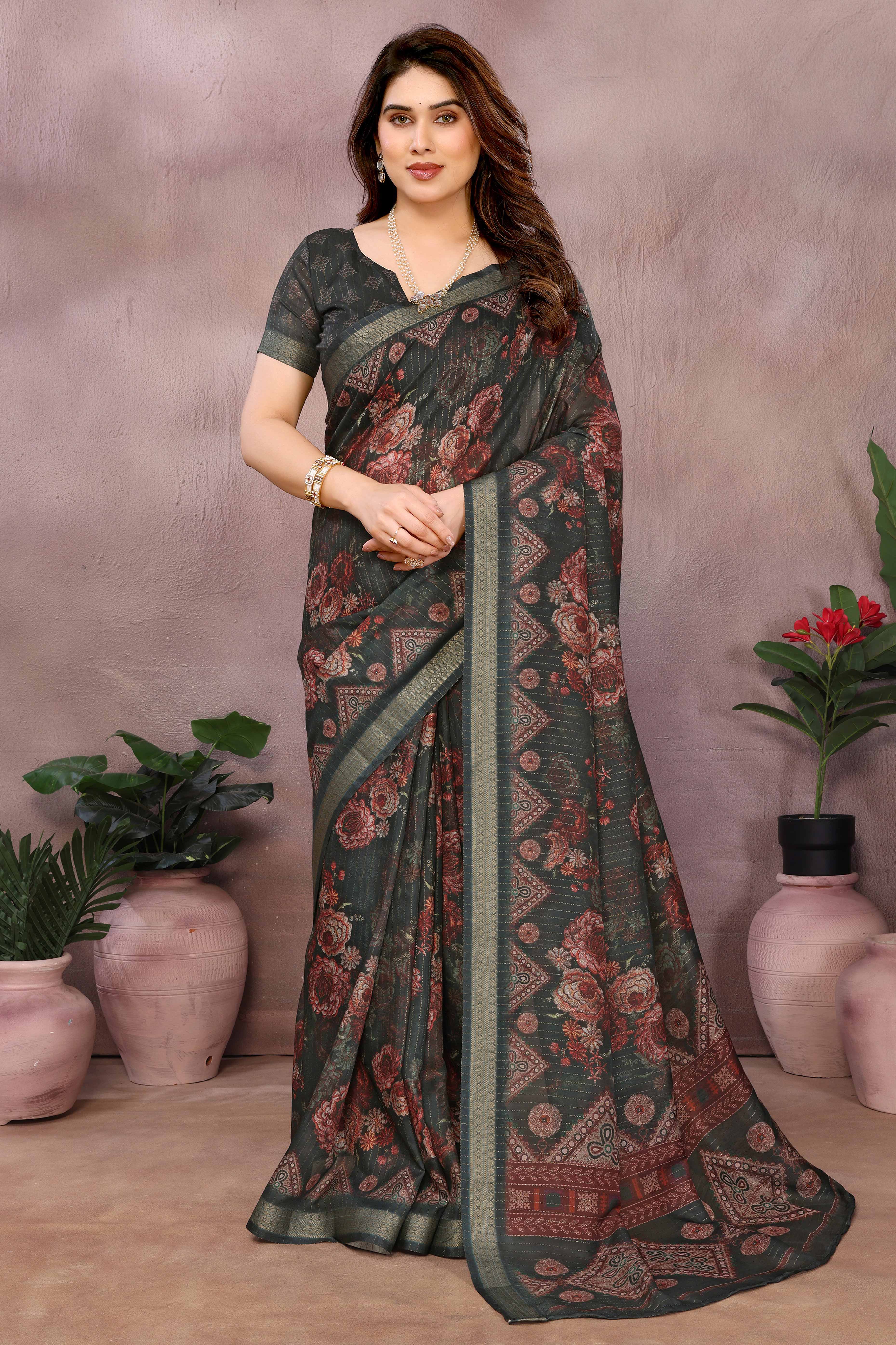 Green Zari Woven Saree with Floral Motifs in Cotton Blend Fabric