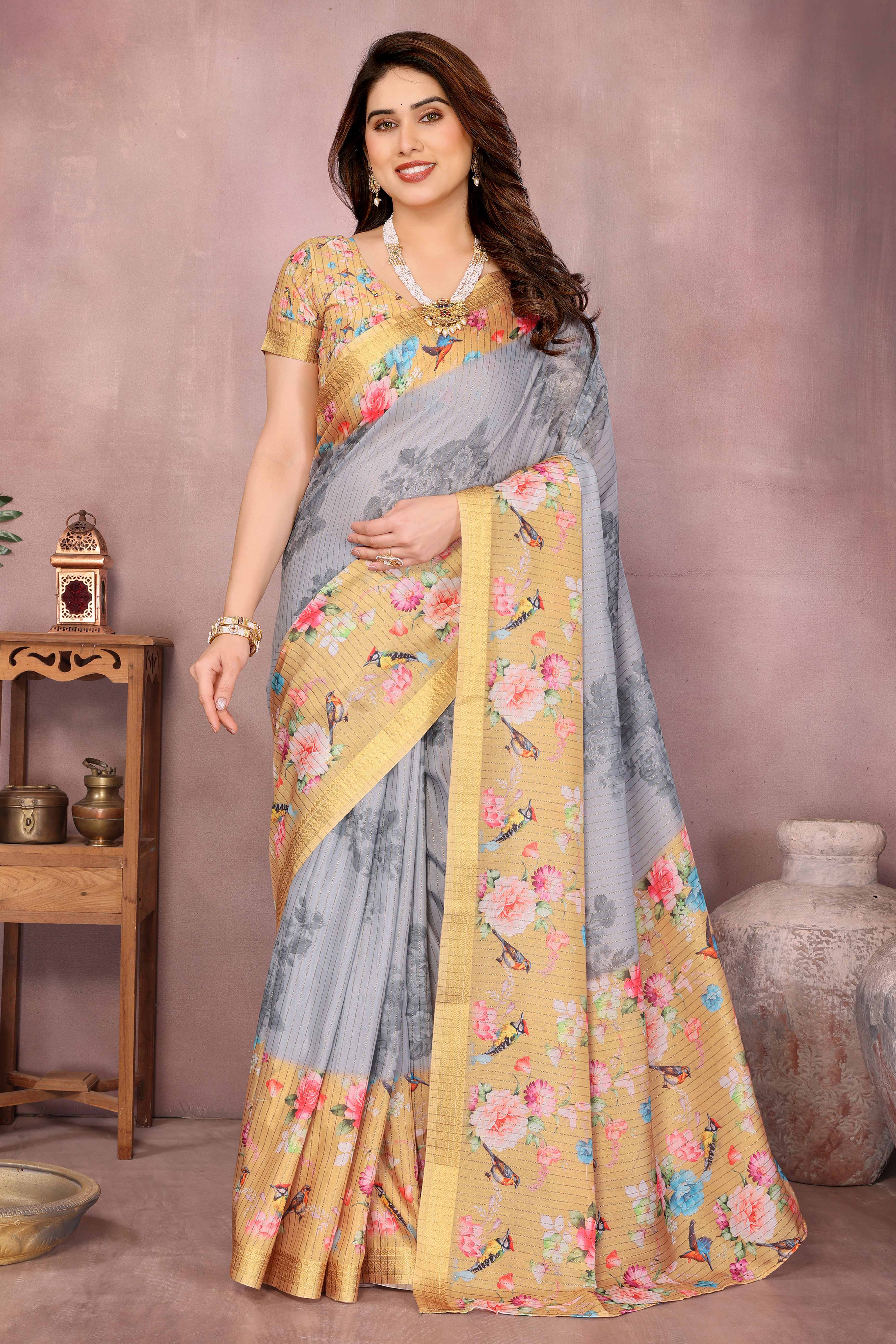 Grey Zari Woven Saree with Floral Motifs in Cotton Blend Fabric