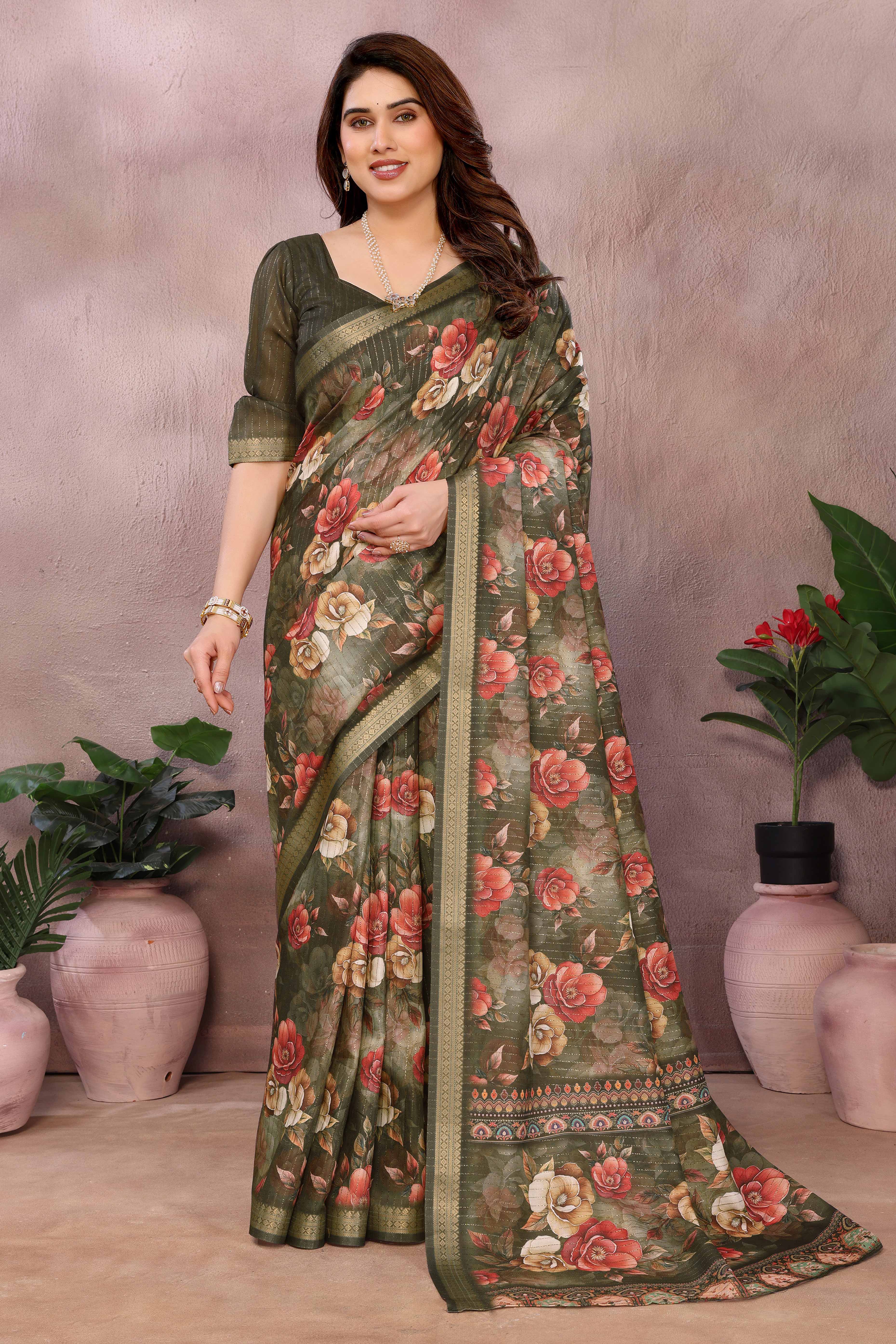 Mehendi Green Zari Woven Saree with Floral Motifs in Cotton Blend Fabric