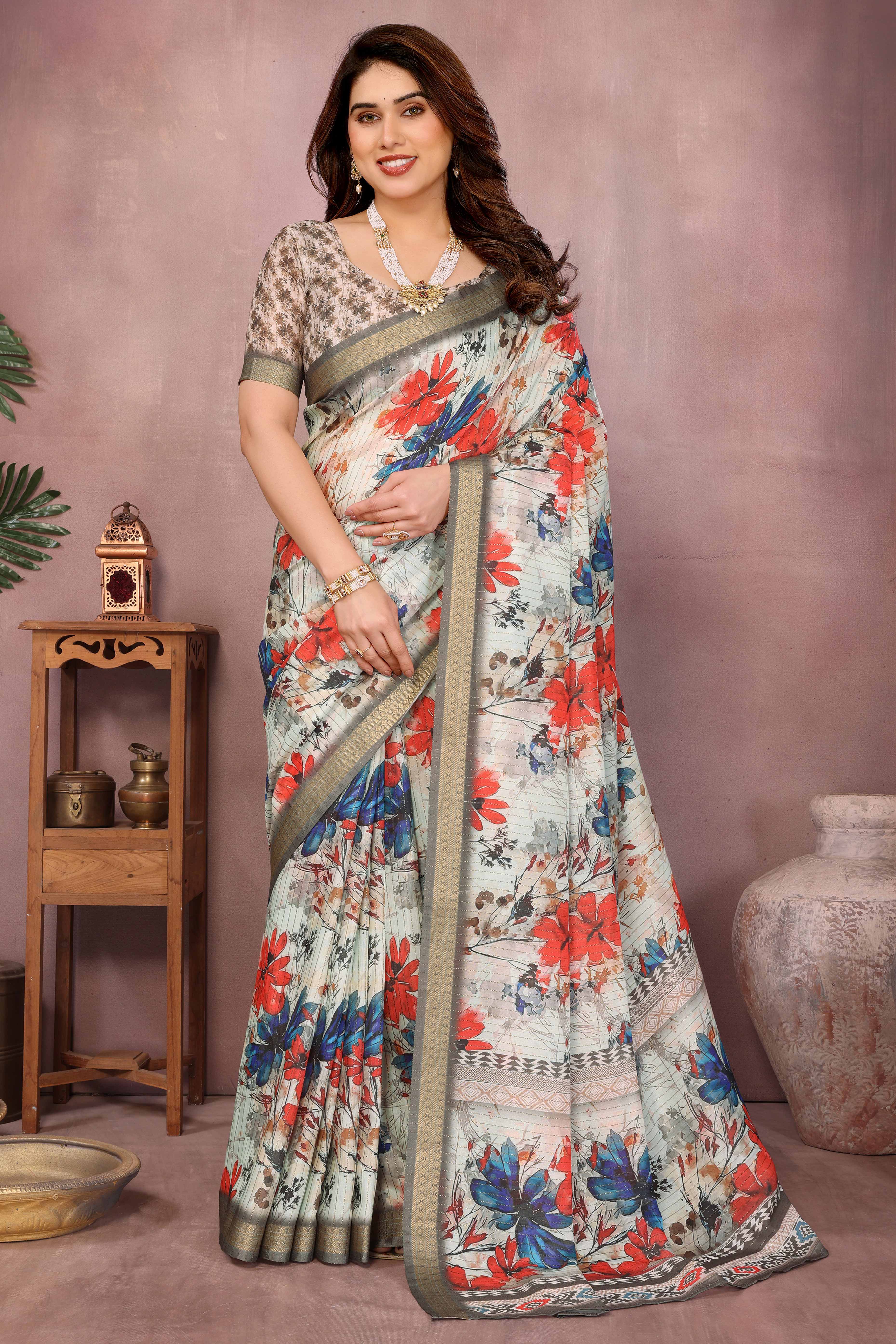 Off White Zari Woven Saree with Floral Motifs in Cotton Blend Fabric