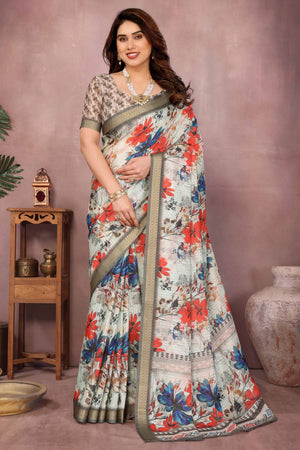 Off White Zari Woven Saree with Floral Motifs in Cotton Blend Fabric