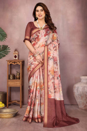 Peach Zari Woven Saree with Floral Motifs in Cotton Blend Fabric