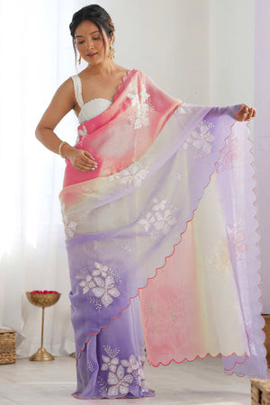 Peach & Lavender Ombre Silk Blend Saree Accentuated With Floral Sequins Embroidery