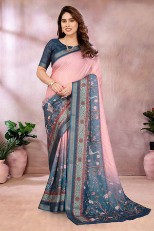 Pink Zari Woven Saree with Floral Motifs in Cotton Blend Fabric