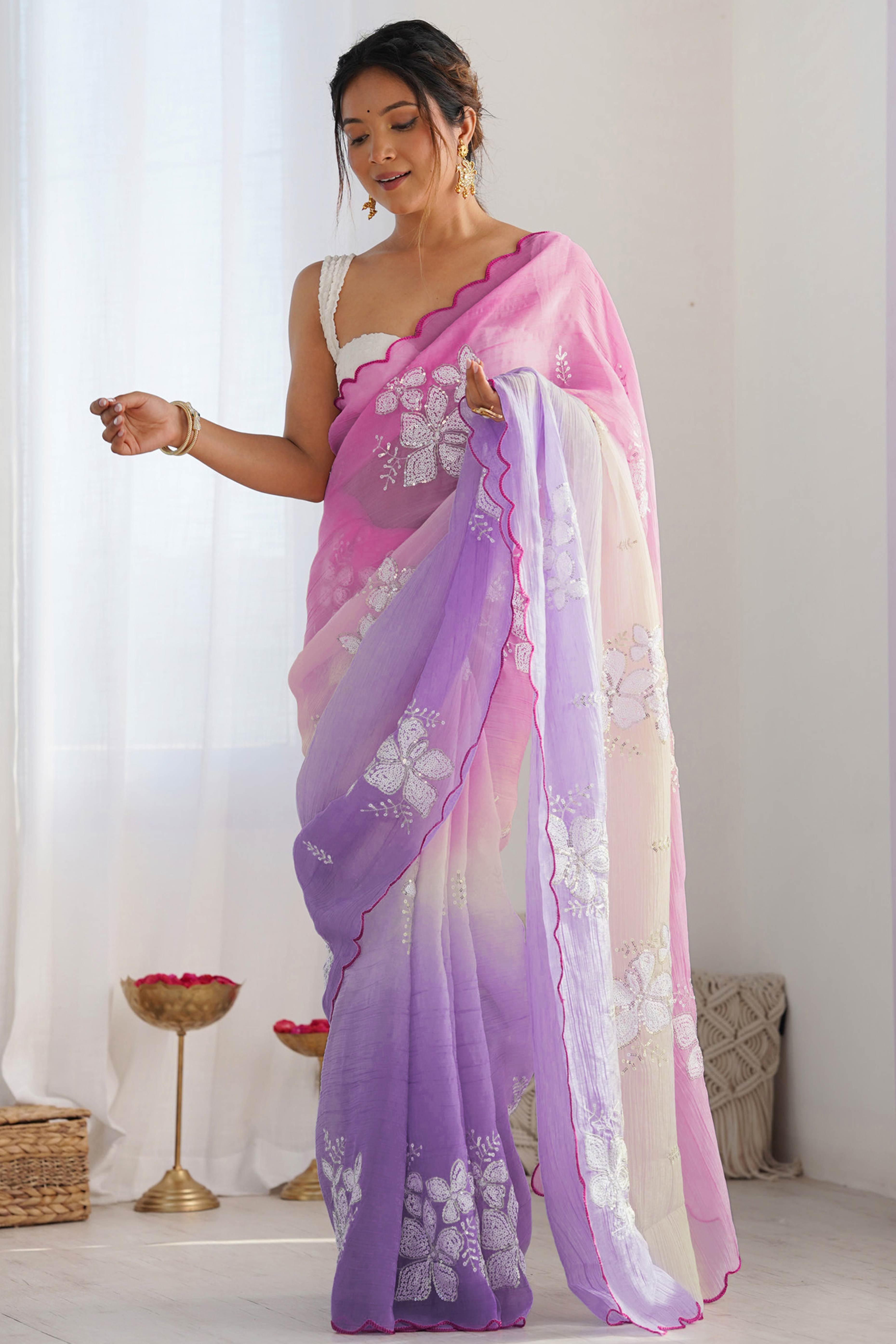Pink & Lavender Ombre Silk Blend Saree Accentuated With Floral Sequins Embroidery