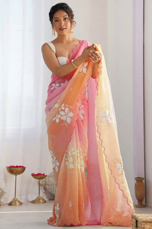 Pink & Orange Ombre Silk Blend Saree Accentuated With Floral Sequins Embroidery