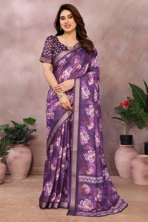 Purple Zari Woven Saree with Floral Motifs in Cotton Blend Fabric