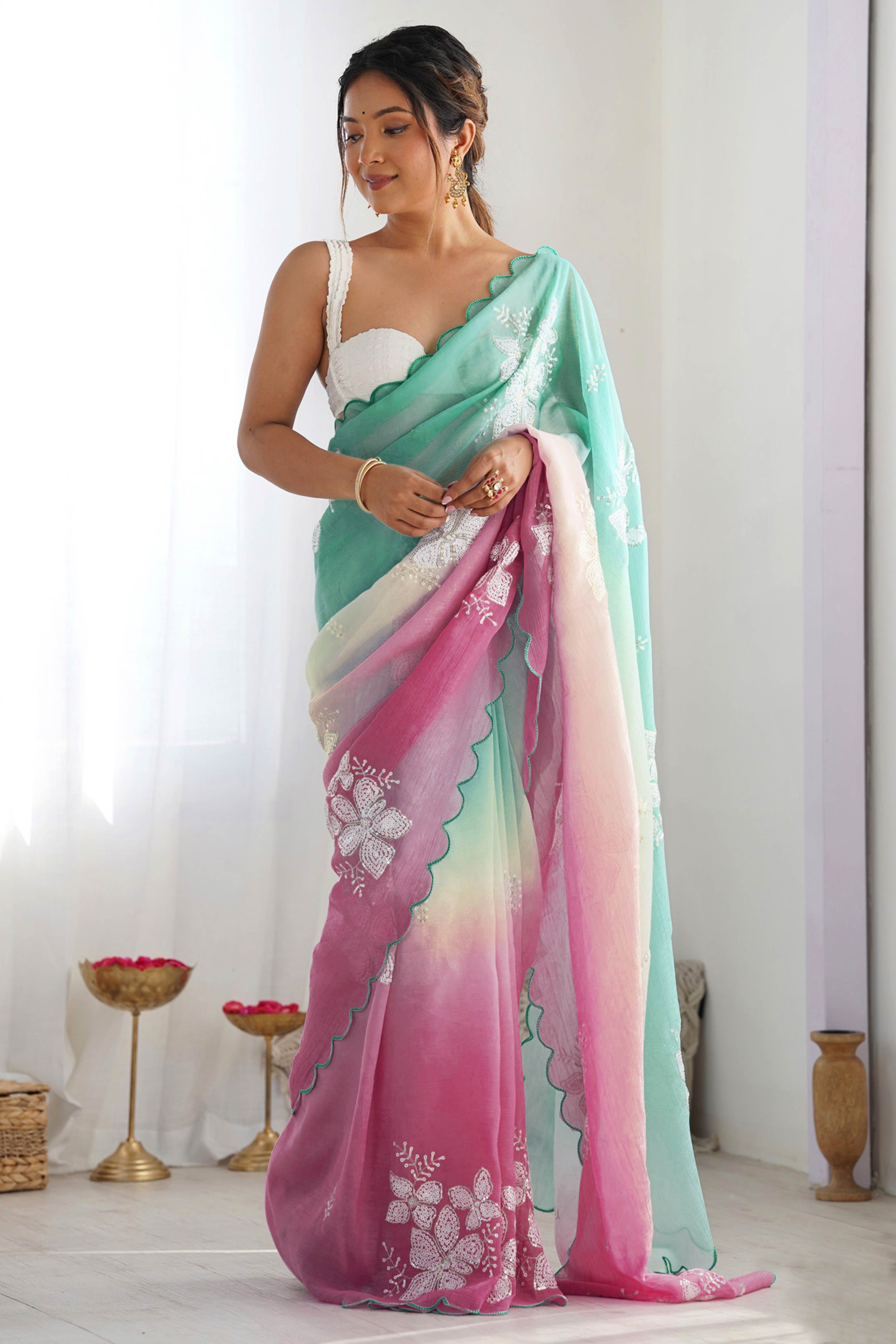 Rama Green & Wine Ombre Silk Blend Saree Accentuated With Floral Sequins Embroidery