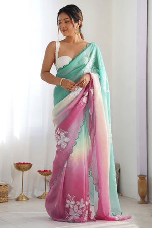 Rama Green & Wine Ombre Silk Blend Saree Accentuated With Floral Sequins Embroidery
