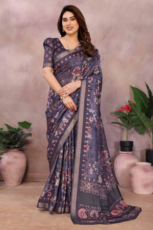 Wine Zari Woven Saree with Floral Motifs in Cotton Blend Fabric